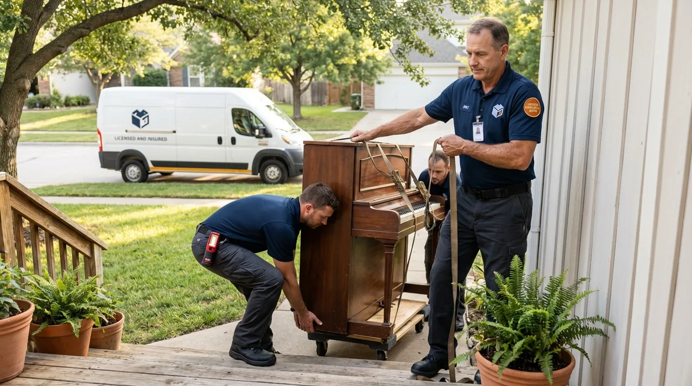 Licensed piano movers securing grand piano in Arabi, LA