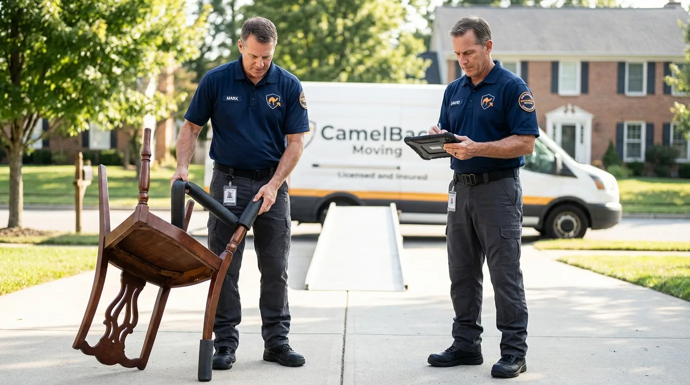 Movers inspecting furniture for damage prevention before loading in Arabi, LA